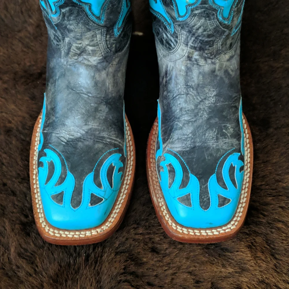 JOHNNY RINGO E1385 charcoal gray & turquoise wing tip boots square toe sz 6.5B - Picture 9 of 16